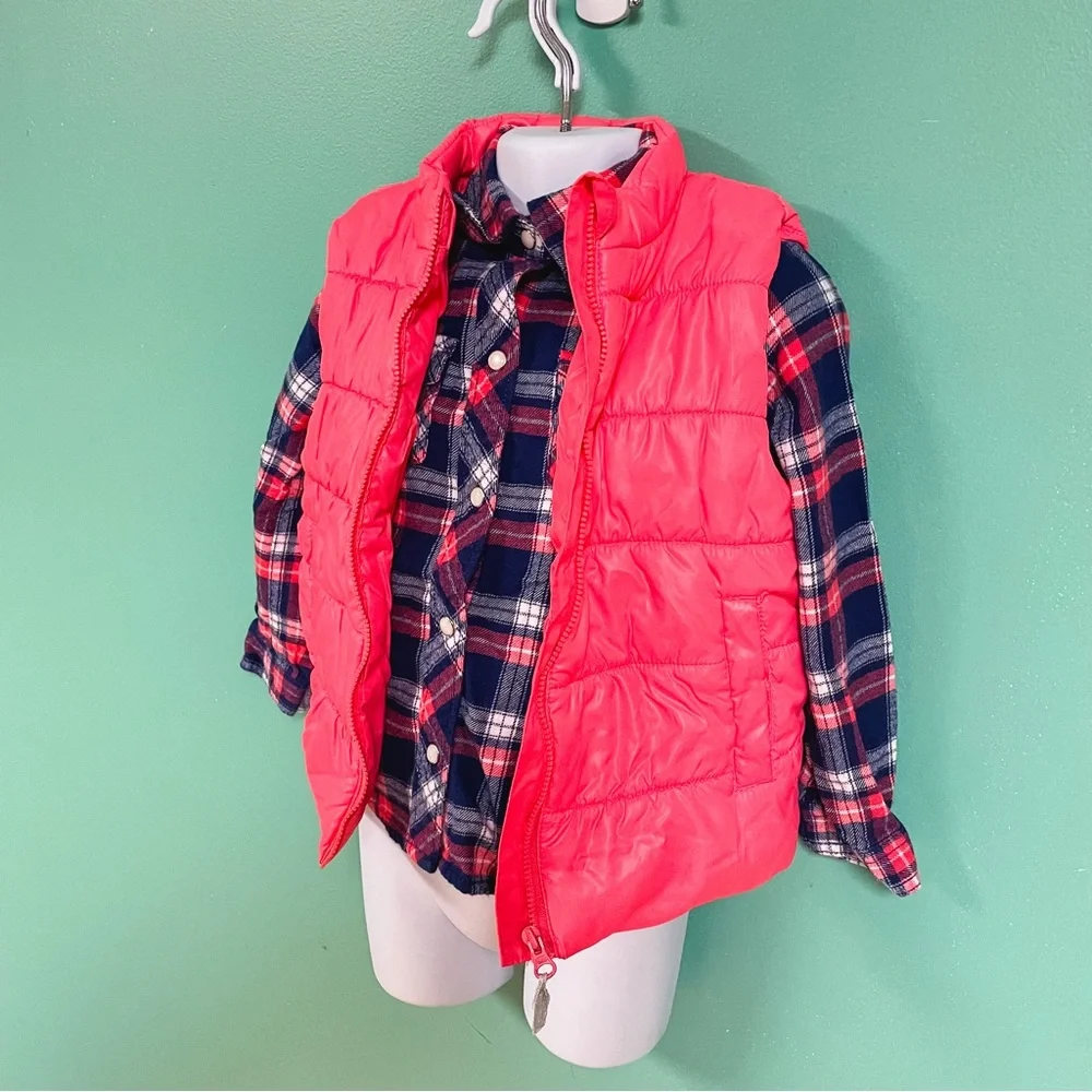 Carters Pink & Navy Plaid Flannel & Puffer Vest Outfit Toddler Girls Size 4T